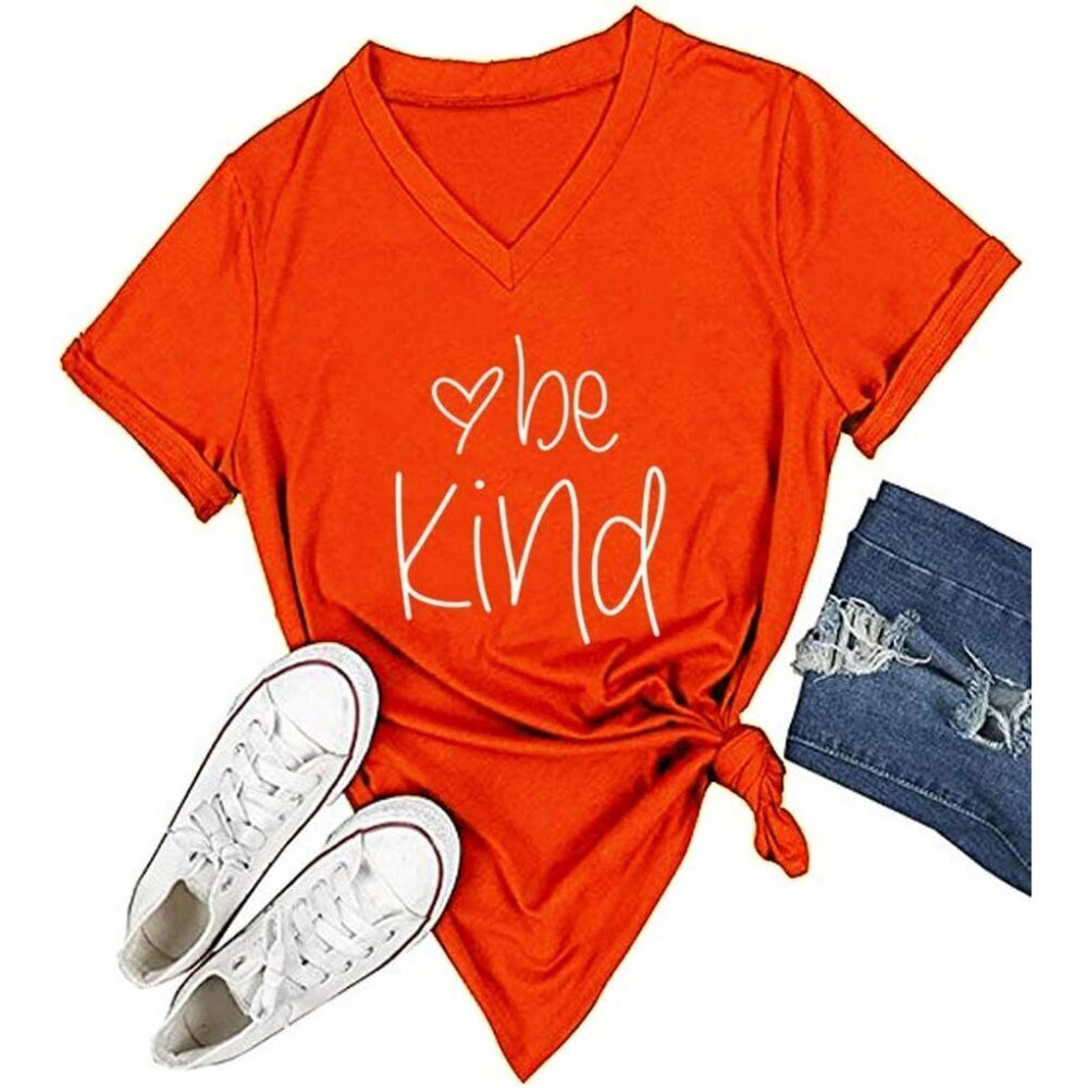 Women's Cotton V-Neck T-Shirt Casual Short Sleeve Letter Print Top